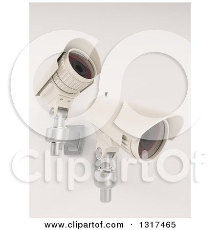 Clipart of 3d Two White HD CCTV Security Surveillance Cameras Mounted on a Wall, on off White 2 - Royalty Free Illustration by KJ Pargeter