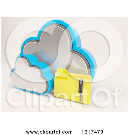 Clipart of a 3d Cloud Icon with a Zipped Folder, on off White - Royalty Free Illustration by KJ Pargeter