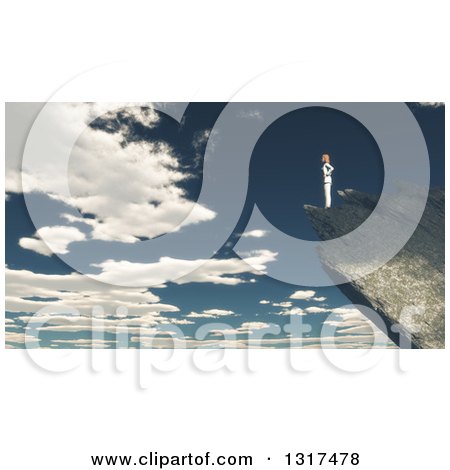 Clipart of a 3d Lone Woman Standing on a Mountain Edge Against a Cloudy Sky - Royalty Free Illustration by KJ Pargeter