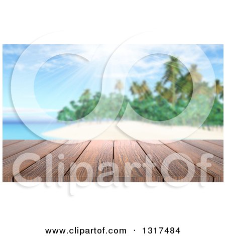 Clipart of a 3d Wood Table Top or Deck with a View of a Tropical Beach and Palm Tree on a Beautiful Day 2 - Royalty Free Illustration by KJ Pargeter