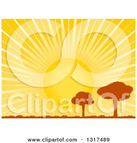Clipart of a Big Yellow Sun Shining Behind Silhouetted Trees in a Meadow - Royalty Free Vector Illustration by elaineitalia