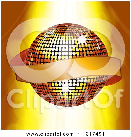 Clipart of a 3d Gold Ribbon Banner over a Disco Ball with Lights - Royalty Free Vector Illustration by elaineitalia