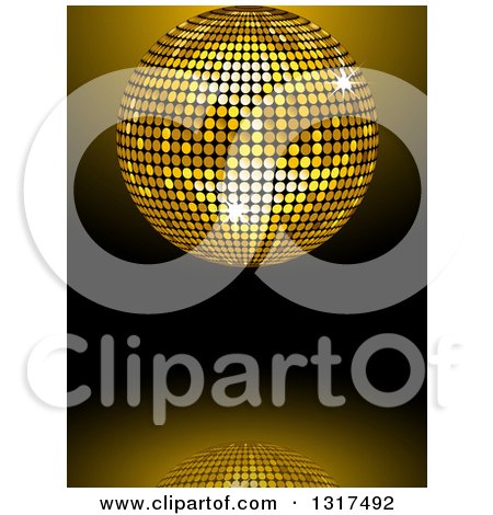 Clipart of a 3d Gold Disco Ball and Reflection on Gradient Black - Royalty Free Vector Illustration by elaineitalia