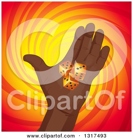 Clipart of a Black Hand Holding Dice over a Red and Yellow Swirl - Royalty Free Vector Illustration by elaineitalia