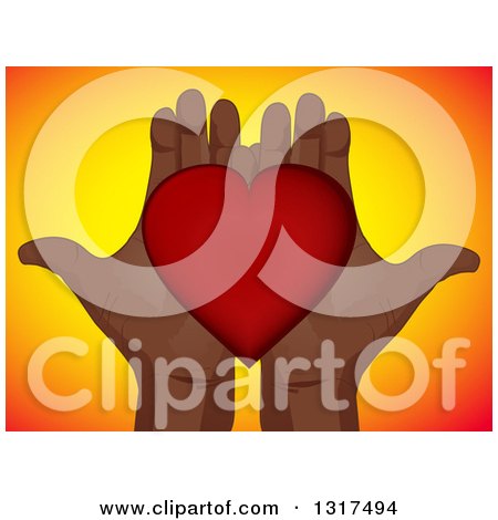Clipart of a Pair of Open Black Hands Holding a Red Love Heart over Gradient Yellow and Orange - Royalty Free Vector Illustration by elaineitalia