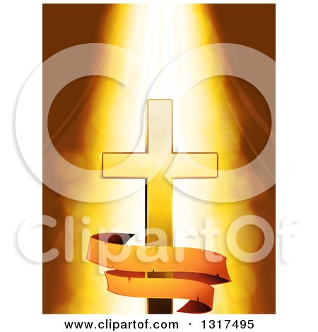 Clipart of a Light Shining down on a Gold Cross with an Aged Banner over Flares - Royalty Free Vector Illustration by elaineitalia