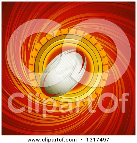 Clipart of a Halftone Rugby Football Icon over a Red and Yellow Swirl - Royalty Free Vector Illustration by elaineitalia