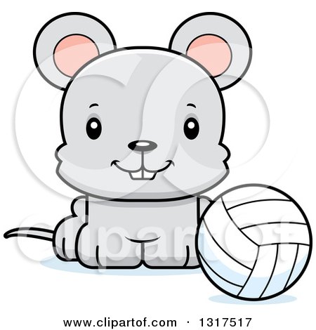 Animal Clipart of a Cartoon Cute Happy Mouse Sitting by a Volleyball - Royalty Free Vector Illustration by Cory Thoman