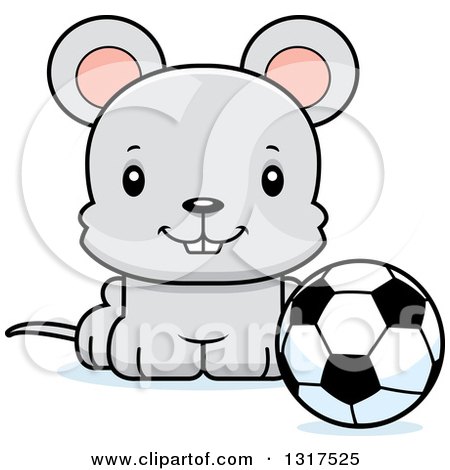 Animal Clipart of a Cartoon Cute Happy Mouse Sitting by a Soccer Ball - Royalty Free Vector Illustration by Cory Thoman