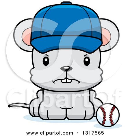 Animal Clipart of a Cartoon Cute Mad Mouse Sitting by a Baseball - Royalty Free Vector Illustration by Cory Thoman