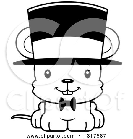 Animal Lineart Clipart of a Cartoon Black and WhiteCute Happy Mouse Gentleman Wearing a Top Hat - Royalty Free Outline Vector Illustration by Cory Thoman