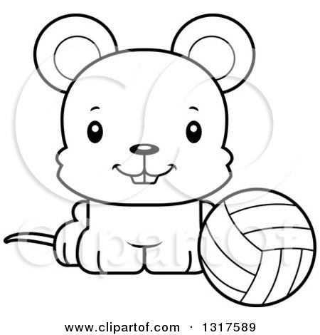 Animal Lineart Clipart of a Cartoon Black and WhiteCute Happy Mouse Sitting by a Volleyball - Royalty Free Outline Vector Illustration by Cory Thoman