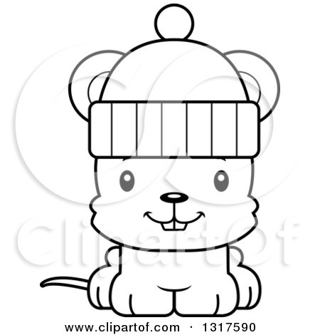 Animal Lineart Clipart of a Cartoon Black and WhiteCute Happy Mouse Wearing a Winter Hat - Royalty Free Outline Vector Illustration by Cory Thoman