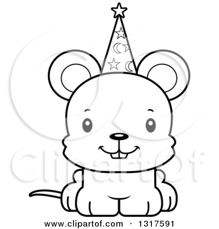Animal Lineart Clipart of a Cartoon Black and WhiteCute Happy Mouse Wizard - Royalty Free Outline Vector Illustration by Cory Thoman