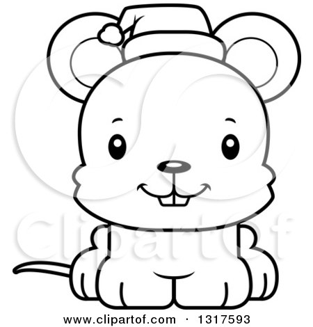 Animal Lineart Clipart of a Cartoon Black and WhiteCute Happy Christmas Mouse Wearing a Santa Hat - Royalty Free Outline Vector Illustration by Cory Thoman