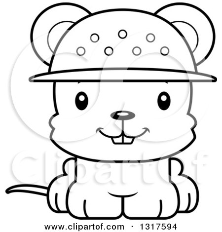 Animal Lineart Clipart of a Cartoon Black and WhiteCute Happy Mouse Zookeeper - Royalty Free Outline Vector Illustration by Cory Thoman