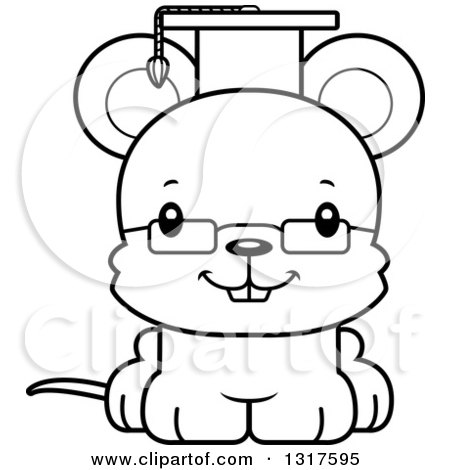 Animal Lineart Clipart of a Cartoon Black and WhiteCute Happy Mouse Professor - Royalty Free Outline Vector Illustration by Cory Thoman