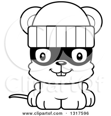 Animal Lineart Clipart of a Cartoon Black and WhiteCute Happy Mouse Robber - Royalty Free Outline Vector Illustration by Cory Thoman