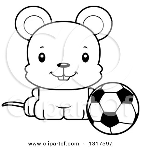 Animal Lineart Clipart of a Cartoon Black and WhiteCute Happy Mouse Sitting by a Soccer Ball - Royalty Free Outline Vector Illustration by Cory Thoman