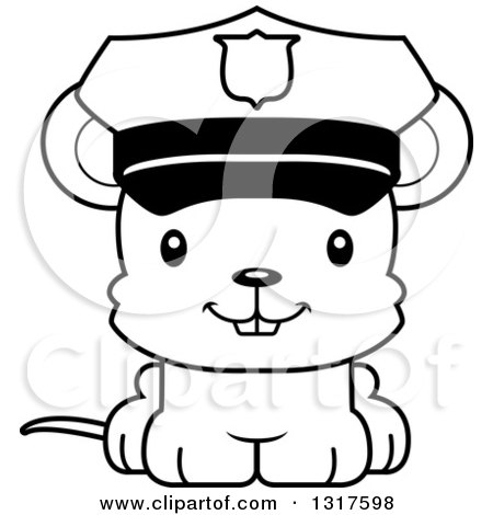 Animal Lineart Clipart of a Cartoon Black and WhiteCute Happy Mouse Police Officer - Royalty Free Outline Vector Illustration by Cory Thoman