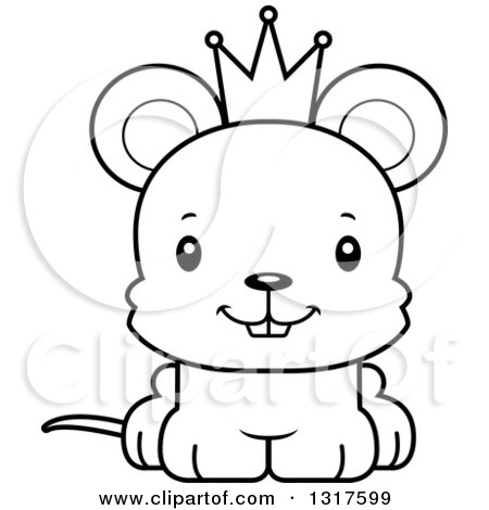 Animal Lineart Clipart of a Cartoon Black and WhiteCute Happy Mouse Prince - Royalty Free Outline Vector Illustration by Cory Thoman