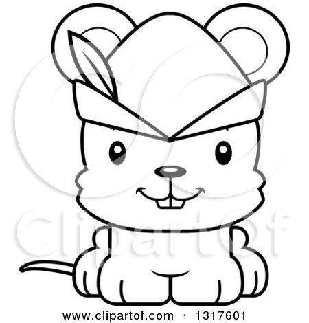 Animal Lineart Clipart of a Cartoon Black and WhiteCute Happy Robin Hood Mouse - Royalty Free Outline Vector Illustration by Cory Thoman