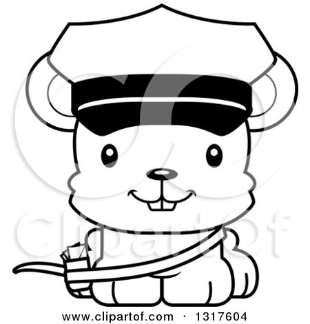 Animal Lineart Clipart of a Cartoon Black and WhiteCute Happy Mouse Mailman - Royalty Free Outline Vector Illustration by Cory Thoman