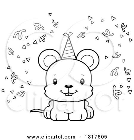 Animal Lineart Clipart of a Cartoon Black and WhiteCute Happy Party Mouse - Royalty Free Outline Vector Illustration by Cory Thoman
