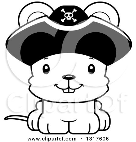 Animal Lineart Clipart of a Cartoon Black and WhiteCute Happy Mouse Pirate - Royalty Free Outline Vector Illustration by Cory Thoman