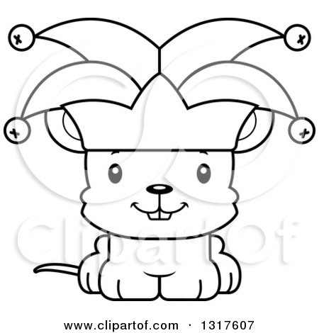 Animal Lineart Clipart of a Cartoon Black and WhiteCute Happy Mouse Jester - Royalty Free Outline Vector Illustration by Cory Thoman