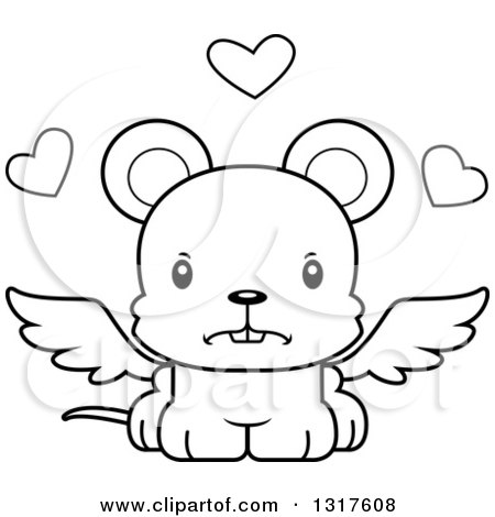 Animal Lineart Clipart of a Cartoon Black and WhiteCute Mad Mouse Cupid - Royalty Free Outline Vector Illustration by Cory Thoman