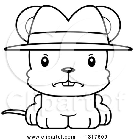 Animal Lineart Clipart of a Cartoon Black and WhiteCute Mad Mouse Detective - Royalty Free Outline Vector Illustration by Cory Thoman
