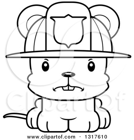 Animal Lineart Clipart of a Cartoon Black and WhiteCute Mad Mouse Firefighter - Royalty Free Outline Vector Illustration by Cory Thoman