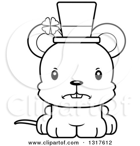 Animal Lineart Clipart of a Cartoon Black and WhiteCute Mad St Patricks Day Irish Mouse - Royalty Free Outline Vector Illustration by Cory Thoman