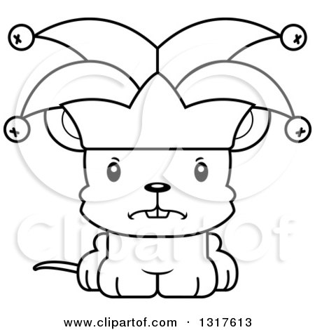 Animal Lineart Clipart of a Cartoon Black and WhiteCute Mad Mouse Jester - Royalty Free Outline Vector Illustration by Cory Thoman