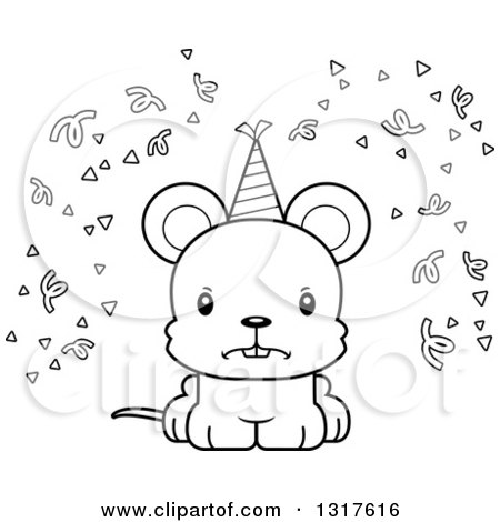 Animal Lineart Clipart of a Cartoon Black and WhiteCute Mad Party Mouse - Royalty Free Outline Vector Illustration by Cory Thoman