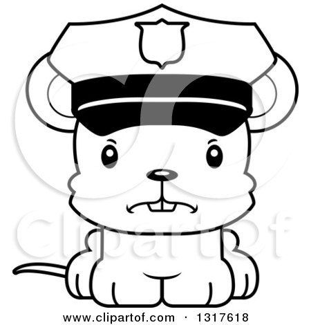 Animal Lineart Clipart of a Cartoon Black and WhiteCute Mad Mouse Police Officer - Royalty Free Outline Vector Illustration by Cory Thoman