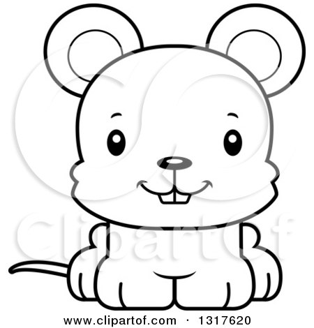 Animal Lineart Clipart of a Cartoon Black and WhiteCute Happy Mouse - Royalty Free Outline Vector Illustration by Cory Thoman