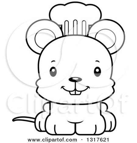 Animal Lineart Clipart of a Cartoon Black and WhiteCute Happy Mouse Chef - Royalty Free Outline Vector Illustration by Cory Thoman