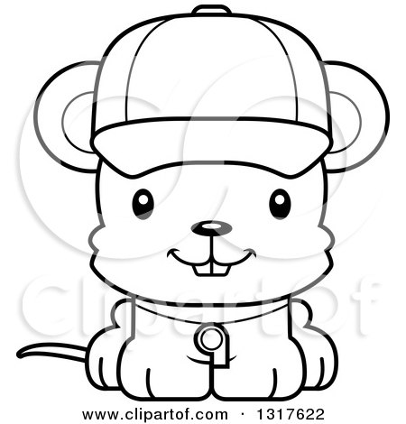 Animal Lineart Clipart of a Cartoon Black and WhiteCute Happy Mouse Coach - Royalty Free Outline Vector Illustration by Cory Thoman