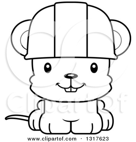 Animal Lineart Clipart of a Cartoon Black and WhiteCute Happy Mouse Construction Worker - Royalty Free Outline Vector Illustration by Cory Thoman