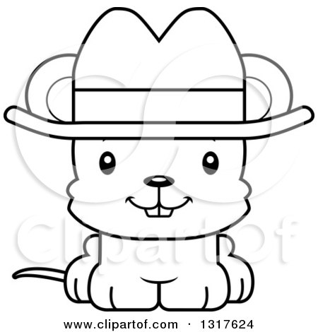Animal Lineart Clipart of a Cartoon Black and WhiteCute Happy Mouse Cowboy - Royalty Free Outline Vector Illustration by Cory Thoman
