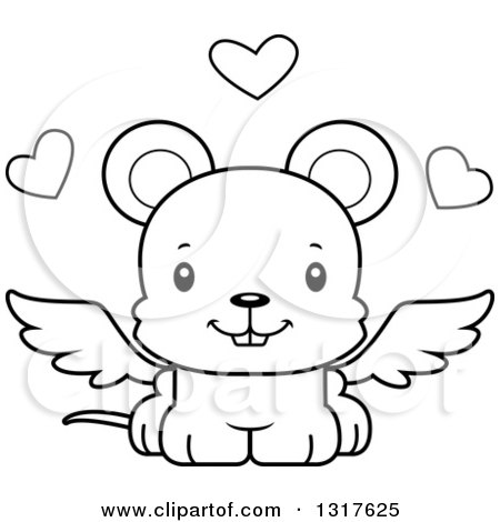 Animal Lineart Clipart of a Cartoon Black and WhiteCute Happy Mouse Cupid - Royalty Free Outline Vector Illustration by Cory Thoman