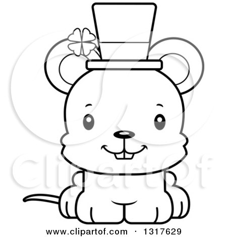 Animal Lineart Clipart of a Cartoon Black and WhiteCute Happy St Patricks Day Irish Mouse - Royalty Free Outline Vector Illustration by Cory Thoman