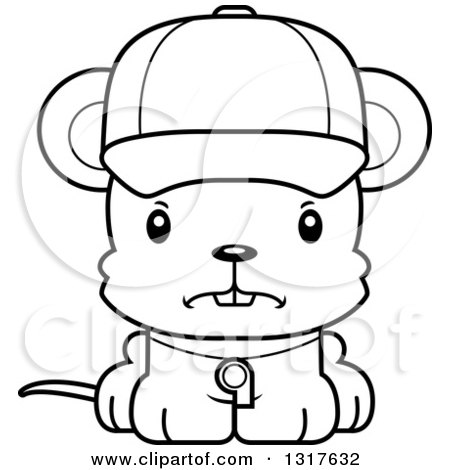 Animal Lineart Clipart of a Cartoon Black and WhiteCute Mad Mouse Coach - Royalty Free Outline Vector Illustration by Cory Thoman