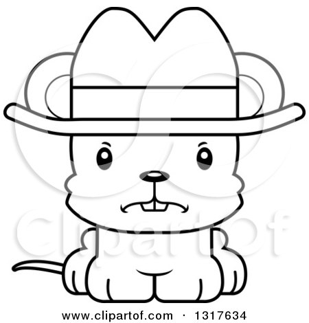 Animal Lineart Clipart of a Cartoon Black and WhiteCute Mad Mouse Cowboy - Royalty Free Outline Vector Illustration by Cory Thoman