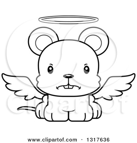 Animal Lineart Clipart of a Cartoon Black and WhiteCute Mad Mouse Angel - Royalty Free Outline Vector Illustration by Cory Thoman