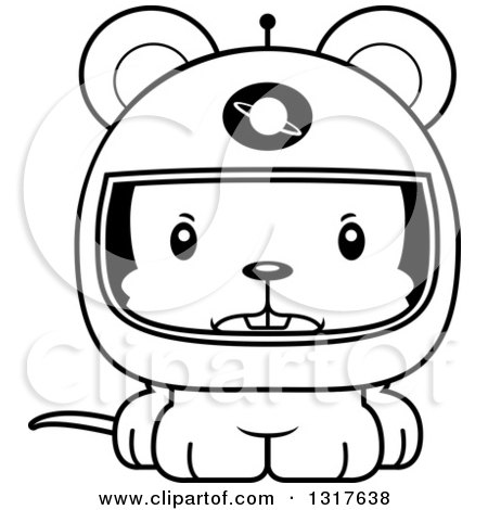 Animal Lineart Clipart of a Cartoon Black and WhiteCute Mad Mouse Astronaut - Royalty Free Outline Vector Illustration by Cory Thoman