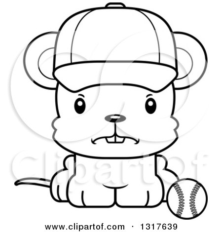 Animal Lineart Clipart of a Cartoon Black and WhiteCute Mad Mouse Sitting by a Baseball - Royalty Free Outline Vector Illustration by Cory Thoman