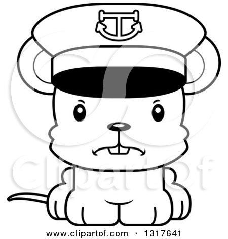 Animal Lineart Clipart of a Cartoon Black and WhiteCute Mad Mouse Captain - Royalty Free Outline Vector Illustration by Cory Thoman